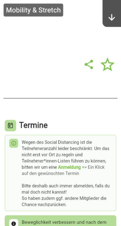 Angebot Mobility & Stretch mit Terminen und Buchungshinweisen in der JODIS-App.