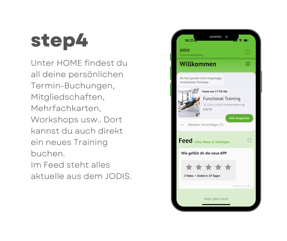 Auf Home Buchungen, Mitgliedschaften, Karten, Workshops und Neuigkeiten überblicken.