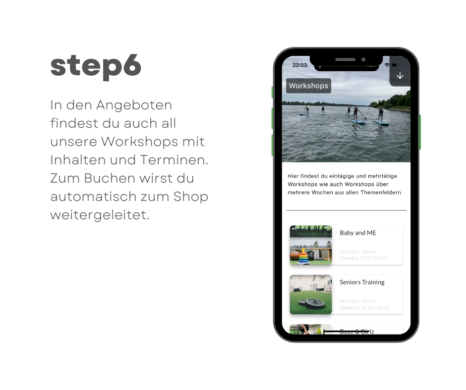 Workshops mit Inhalten und Terminen finden und zur Buchung in den Shop wechseln.